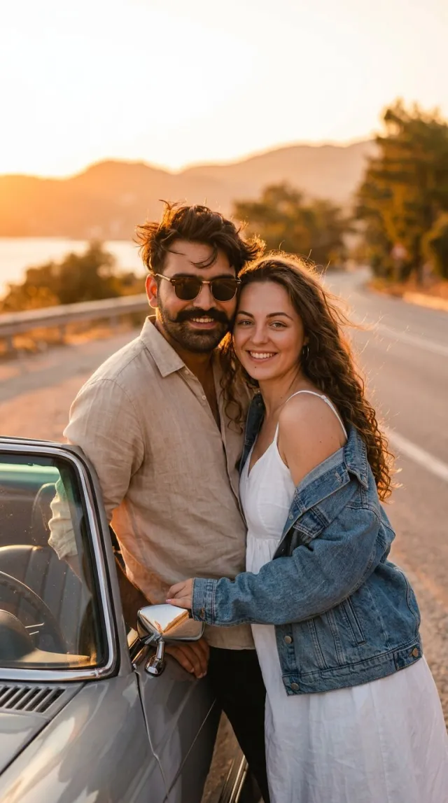 AI Couple Photo Maker 'Convertible Golden Hour' style — before and after example